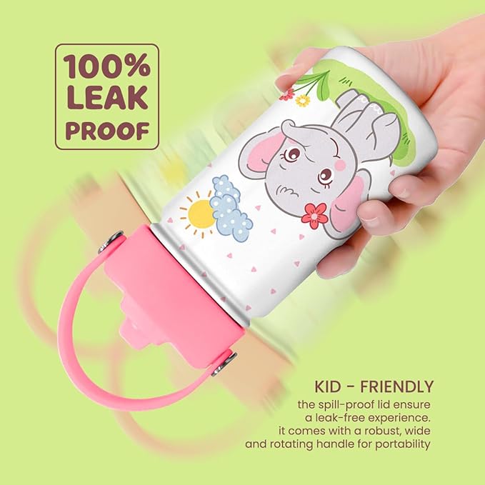 Elephant Water Bottle - Kids Water Bottle with Straw Lid - 12 Oz Insulated Stainless Steel Water Bottles for Kid Girl - Travel Cup for School Sports - Bloomnest
