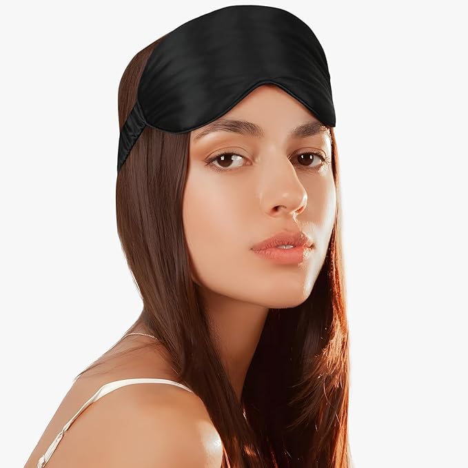 Silk Eye Mask for Sleeping for Women/Men/Adults with Elastic Strap,Blackout Pure Mulberry Silk Sleep Mask for Side Sleeper/Travel/Plane,Black - Bloomnest