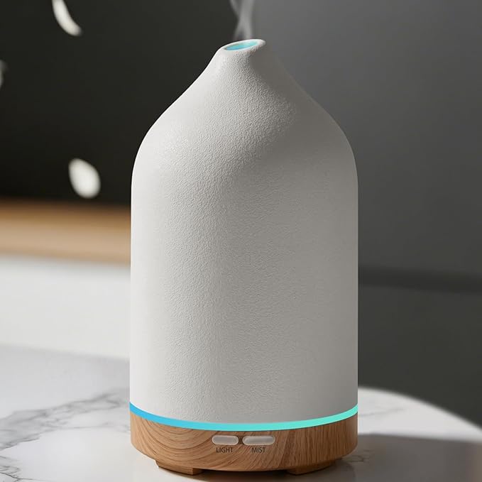 URPOWER 120ML Ceramic Essential Oil Diffuser Ultrasonic Aromatherapy Diffuser with Wood Grain Base, 7-Color LED Lights Auto Shut-Off, Humidifier for Home & Office, Air Diffuser for Relaxation - Bloomnest