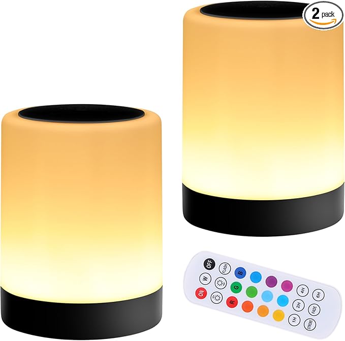 OORUN Touch Bedside Table Lamp,13 RGB Colors & 5 Brightness, USB Rechargeable Desk Lamp, Remote Control Dimmable Night Light with RGB Color Changing,Portable Lamp for Baby (2 Pack Black) - Bloomnest