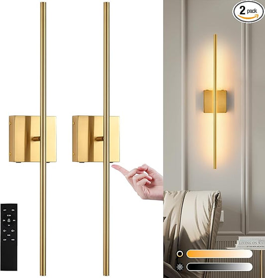 Battery Operated Wall Sconces set of 2, 16000mAh Brushed Gold Rechargeable Wall Sconce with Remote Control, 3000K-6000K Dimmable LED Wireless Wall Light for Living Room Hallway Bedroom Stairs 29 Inchs - Bloomnest