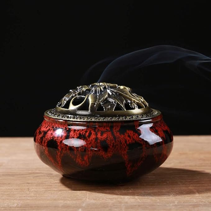 Incense Burner with Calabash Incense Stick Holder - Porcelain Charcoal Censer for Use with Resin Granular Powder Cone or Coil Incense (Fambe Red) - Bloomnest