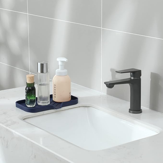 Silicone Bathroom Soap Dishes with Drain Spout-Kitchen Sink Organizer,Sponge Holder,Dish Soap Tray,Perfect for Dispenser,Scrubber,Bottle,Cup on Sink or Counter-Navy Blue 9.6"×5.3" - Bloomnest