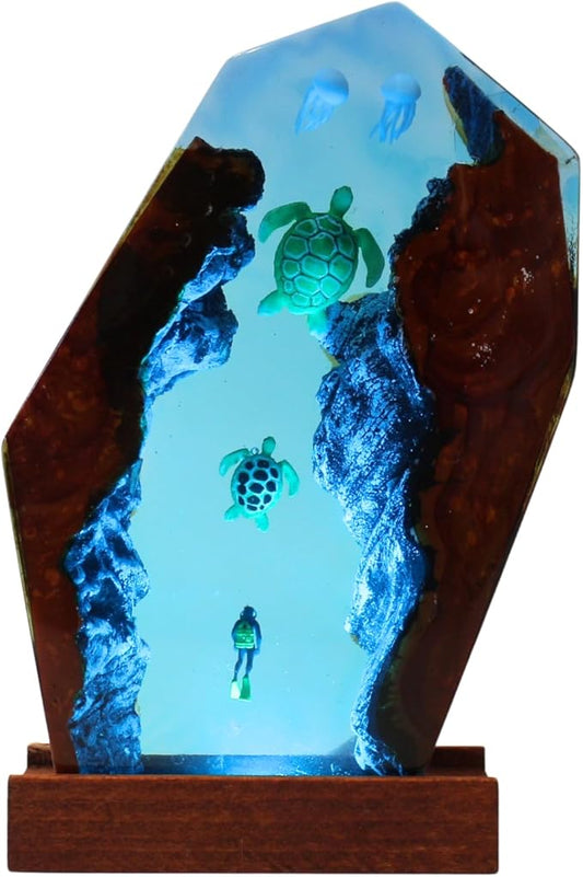Handmade 3D Ocean Resin Lamp – LED Color Changing Night Light, Artistic Sea Turtle & Coral Scene, Unique Coastal Home Decor Gift for Ocean & Nature Lovers - Bloomnest