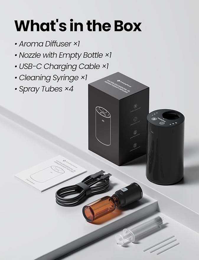 Waterless Essential Oil Diffuser, Portable Aromatherapy Diffuser with 20mL Capacity, Battery Operated Mini Scent Diffuser,3 Mist Levels & Timers, Leak-Free, for Home, Car, Office (Black) - Bloomnest
