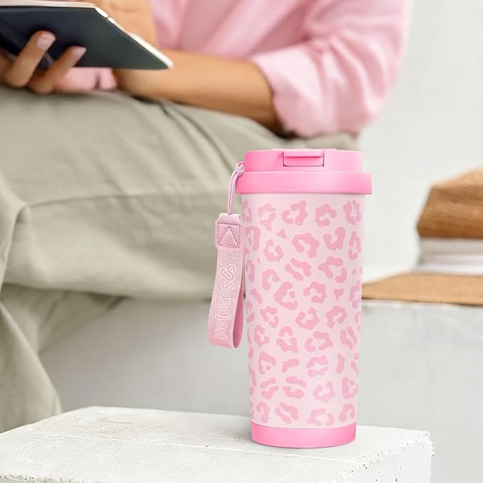 Leopard Tumbler - Stainless Steel 2-in-1 Lid Coffee Tumbler 18 oz, Leopard Print Insulated Travel Mug Gift for Women Girls Teens, Birthday Christmas (Pink) - Bloomnest