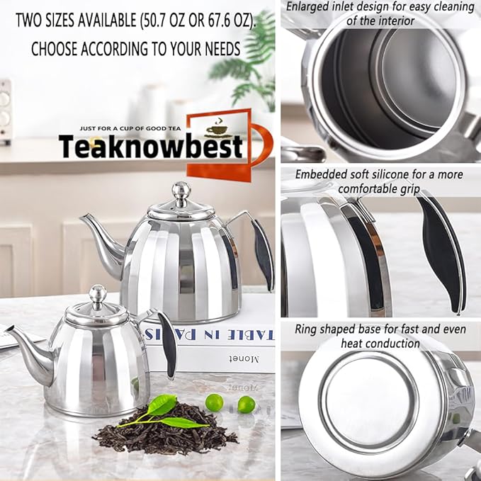Stainless Steel Tea Pot with Removable Infuser - Loose Leaf Tea Maker, Home & Kitchen Teapot - Medium 50.7oz, Stovetop Safe Teapot for Tea/Coffee, Mirror Finish (1500ml)