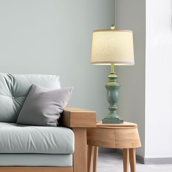 27.5" Set of 2 Farmhouse Table Lamps for Bedroom, 3 Way Dimmable Bedside Lamp with 2 USB +AC Outlet Nightstand Lamps for Living Room Resin Rustic Touch Lamps (Antique Green) - Bloomnest