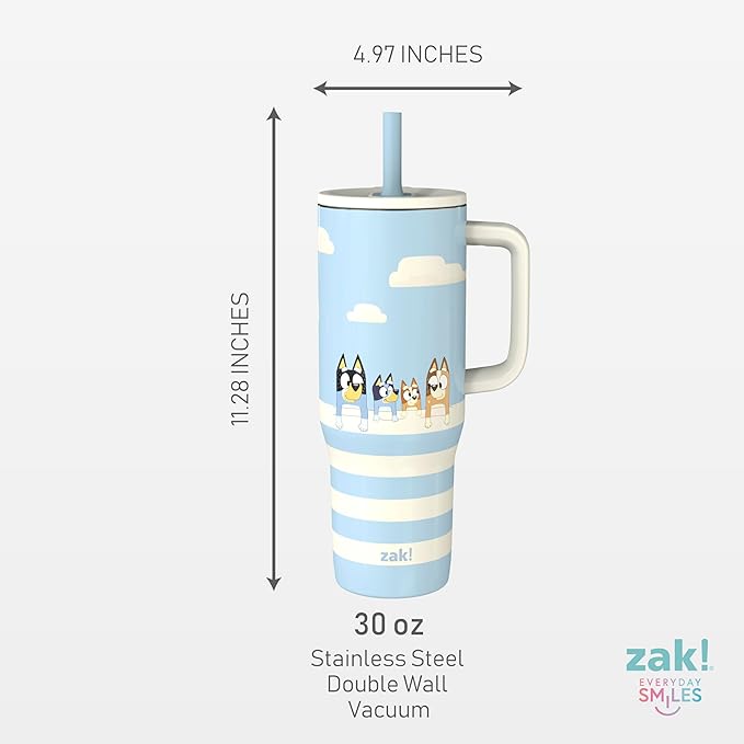 Zak Designs Bluey Sutton Travel Tumbler for On the Go, 30oz Stainless Steel with Vacuum Insulation, Silicone Straw, and Carry Handle for Cold Drinks (Bluey, Bingo, Bandit, Chilli) - Bloomnest