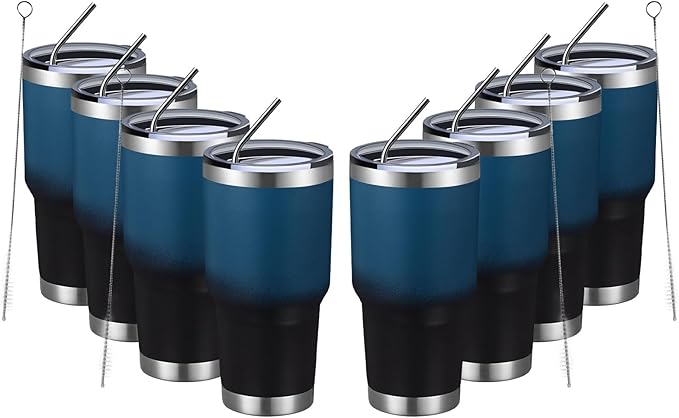 MEWAY 30oz Insulated Tumbler With Lids and Straws,Stainless Steel Double Vacuum Coffee Tumbler Cup, Brush, Durable Powder Coated Coffee Cup for Cold & Hot Drinks(Blue Black, 8 PACK) - Bloomnest