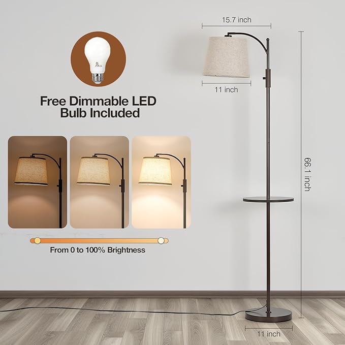AIDENOEY Fully Dimmable Floor Lamp for Living Room，Standing Lamp Rotary Switch with Table&Linen Beige Shade，Brown Tall Lamps for Bedroom with Adjust Head，9W LED Bulb Included - Bloomnest