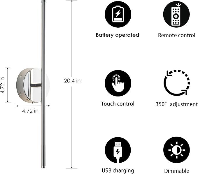 Battery Operated Wall Sconces with Remote Control, Dimmable Wall Sconces Set of Two, 350°Rotate, 3000K LED Chrome Wireless Wall Light for Living Room, Bedroom,Hallway, 20.4 Inch (2 Pack) - Bloomnest
