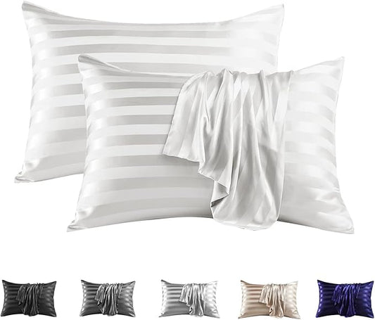 MR&HM Satin Pillowcase for Hair and Skin, Silk Satin Pillowcase 2 Pack, King Size Pillow Cases Set of 2, Silky Pillow Cover with Envelope Closure (20x36, Ivory Striped) - Bloomnest