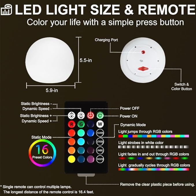 LED Globe Orb Light, 6-in LED Light Ball for Kid, 16 Dimmable Colors & 4 Modes Light Up Ball Mood Lamp w/Remote, Rechargeable Orb Night Lights Waterproof Outdoor Globe Lights for Home/Nursery/Party - Bloomnest