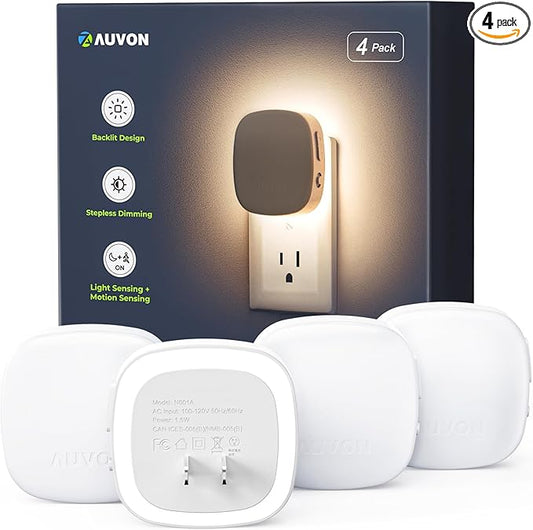 AUVON Plug-in LED Backlit Night Light with Motion Sensor & Dusk to Dawn Sensor, Dimmable Cool White Nightlight with 1-50 lm Adjustable Brightness for Bedroom, Bathroom, Stairs, Hallway (4 Pack) - Bloomnest