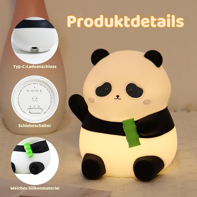 Cute Panda Silicone Night Light, LED Squishy Lamp with 12H/50H Long Battery Life, 2 Levels Brightness by Tap Control, Rechargeable Soft Light for, Kids Bedroom Decor & Gifts for Boys Girls - Bloomnest