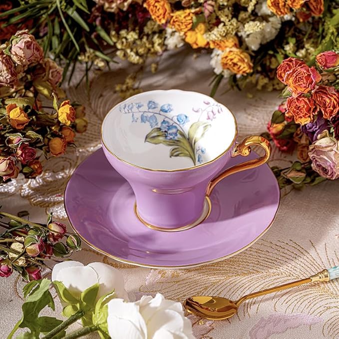 Aynsley Handpainting Colored Glaze Lily of the Valley Corset Fine Bone China English Tea Cup and Saucer Set, 6.1 oz (Purple) - Bloomnest