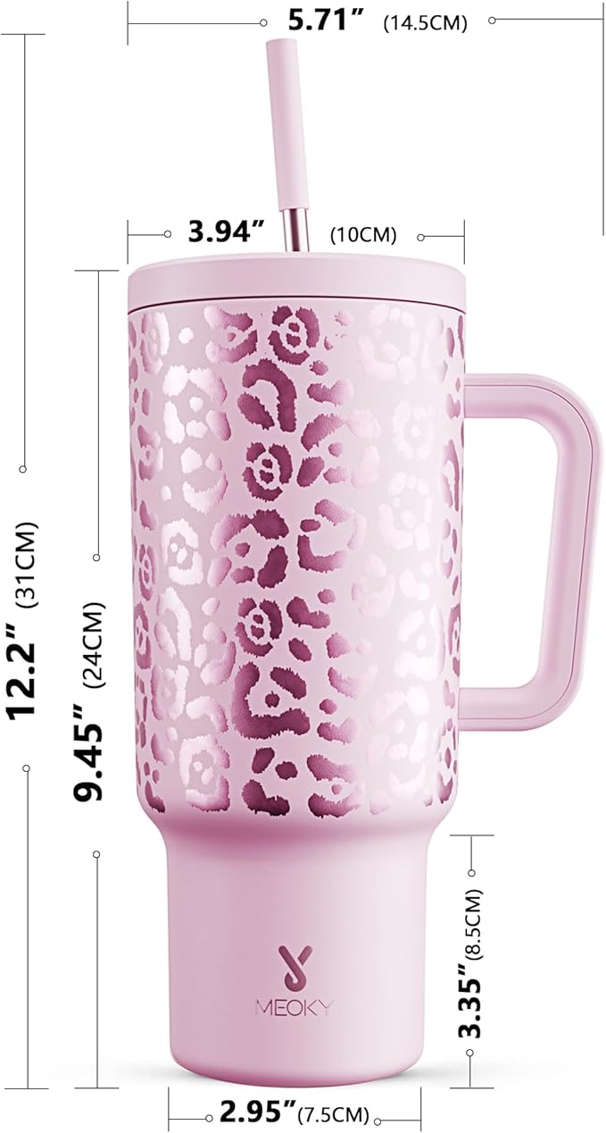 Meoky 40 oz Tumbler with Handle and Straw, Tumbler with Lid and Straw, Insulated Stainless Steel Travel Mug, 100% Leak-proof, Keeps Cold for 34 Hours or Hot for 10 Hours (Pink Leopard) - Bloomnest