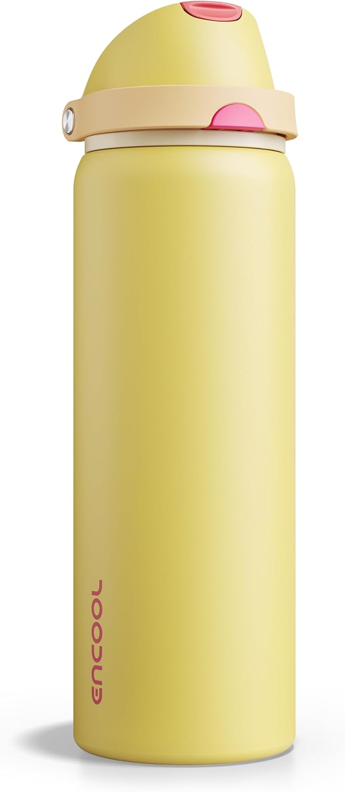 Insulated Water Bottle with Straw - Encool Stainless Steel Water Bottle with Push Button Lid, Leak-Proof & BPA-Free, Keeps Cold for 24 Hours for Sports, Travel, Gym (32 oz, Ginger) ENCOOL