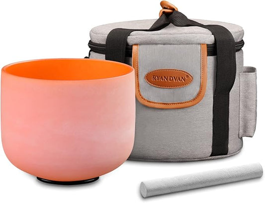 RYAN DVAN 8” D Note Orange Frosted Sacral Chakra Crystal Singing Bowl with Free Heavy-Duty Carrying Case and Suede Striker O-Ring - Bloomnest