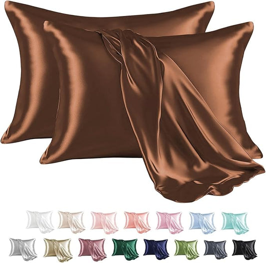 MR&HM Satin Pillowcase for Hair and Skin, Silk Satin Pillowcase 2 Pack, King Size Pillow Cases Set of 2, Silky Pillow Cover with Envelope Closure (20x40, Brown) - Bloomnest