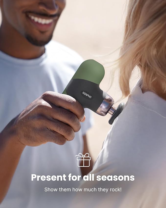 RENPHO Mini Thermal Massage Gun with Heat, Christmas Birthday Gifts for Women Men, Portable Deep Tissue Percussion Massager, Color Silicone Sleeves Travel Size with Carry Case, Olive Drab - Bloomnest