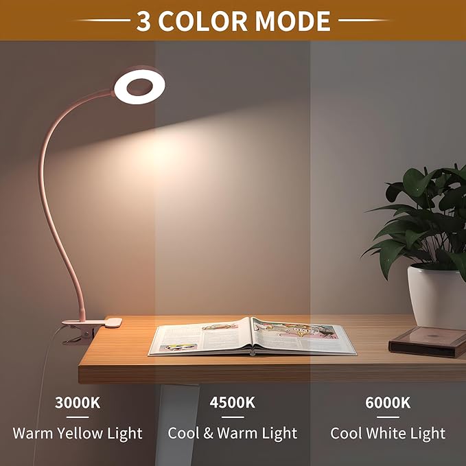 iZELL Desk Lamp, LED Reading Light with Clamp, 3 Color Modes & 10 Brightness Flexible Gooseneck Book Light for Kids Reading Book in Bed at Night Clip on Table, Computer, Zoom Meetings - 27.6‘’ Pink - Bloomnest