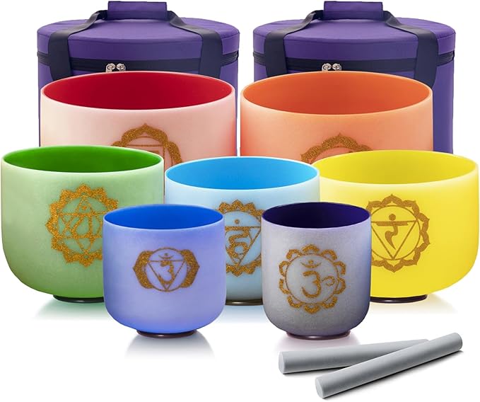 Hye-eun Colored Crystal Singing Bowls Chakra Set of 7, 432hz Frosted Sound Bowl 7-12 Inch Set with Carrying Case for Yoga Musical Vibration Sound Healing - Bloomnest