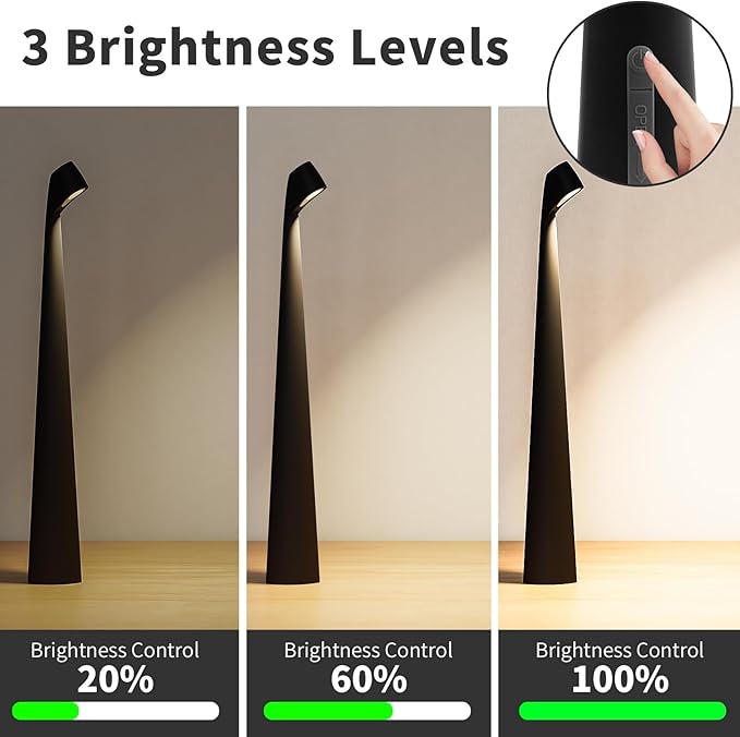 Portable Cordless LED Desk Lamp,Rechargeable Wireless Table Lamp, 3-Level Brightness, Patio Table Lamp, Bedside Night Light, Dining Room Ambient Light, Reading Light (Black) - Bloomnest