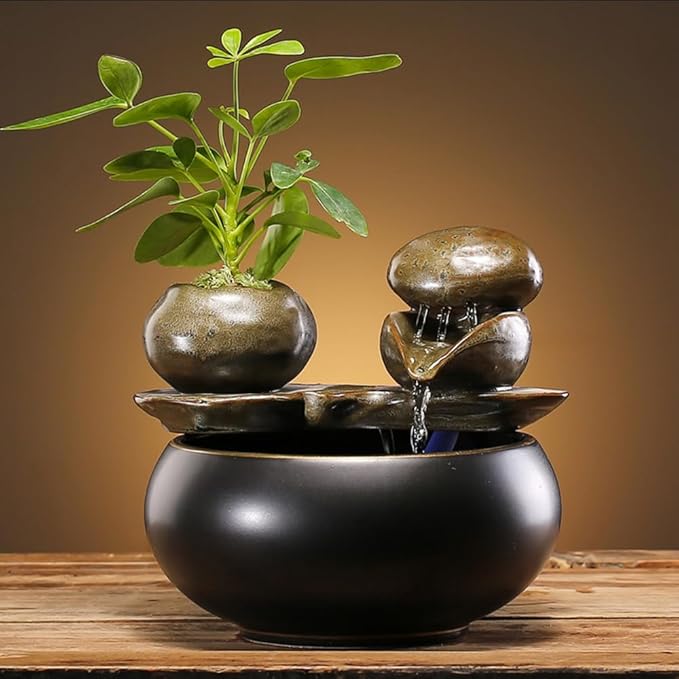 Ceramic Tabletop Fountain for Indoor and Home Decoration Table Desk Office Patio (Black 2) - Bloomnest