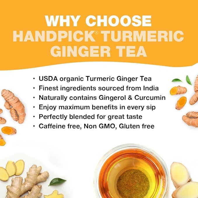 HANDPICK, Organic Turmeric Ginger Tea (100 Tea Bags) | Indian Origin | Caffeine Free, Gluten Free, Non-GMO | Savory & Spicy I Ecofriendly round tea bags - Bloomnest