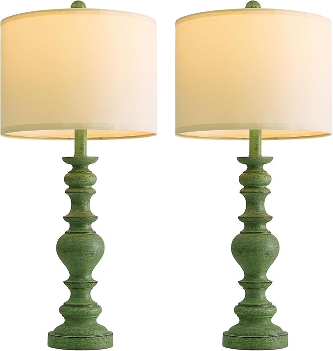 BOBOMOMO 27" Sage Green Table Lamps Set of 2, Large Farmhouse Resin Lamps with Linen Shades, Green Vintage Lamps for Living Room, Bedroom, or Entryway, Rustic Elegant Home Décor - Bloomnest