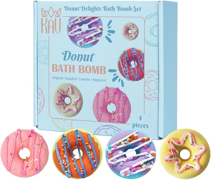 KAV Donut Bath Bombs Gift Set – 4 Piece Handmade Organic Bath Bomb Kit with Essential Oils – Relaxation Spa Gift for Women, Men, Teens, Kids – Self Care & Aromatherapy Soak - Bloomnest