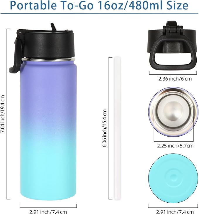 Volhoply 16 OZ Kids Water Bottle Bulk 4 Pack,Insulated Sports Bottles with Straw Lid,Stainless Steel Bottle with Handle Keep Cold & Hot,Double Wall Vacuum Tumbler Cups for School(Purple Blue, 4) - Bloomnest