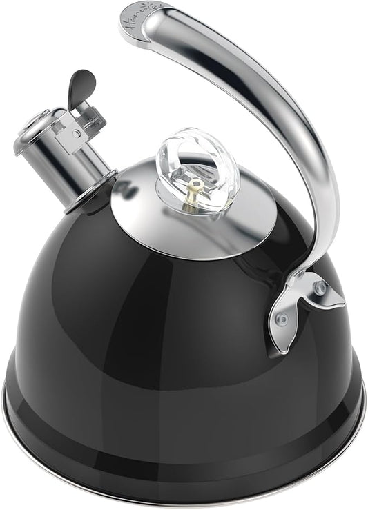Harriet Tea Kettle Stovetop, 2.5 QT Whistling Stainless Steel Teapot, 3-Layer Base, Unique Ergonomic Handle, Includes Pot Holder & Mat, Electric/Induction/Gas Stovetops Applicable, Black
