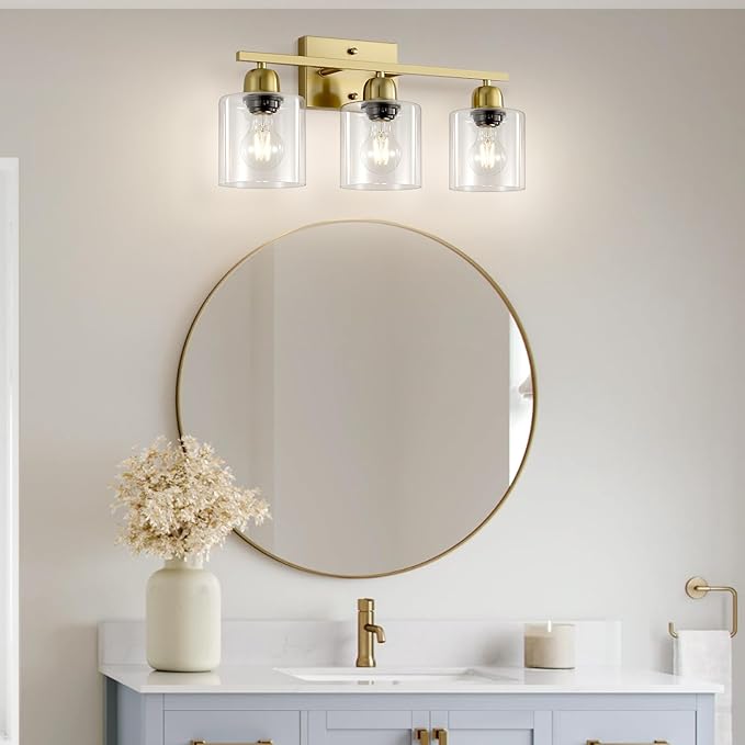 Modern Brushed Gold 3 Light Bathroom Light Fixtures, 19 inch Vanity Lights for Bathroom with Clear Glass for Mirror Kitchen Living Room Hallway Cabinet Porch - Bloomnest