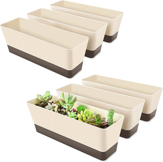 GREANER 6 Pack Window Box Planter,12x3.8 Inch Rectangle Herb Planter with Saucer, Modern Indoor Small Succulent Cactus Plastic Plant Pot for Windowsill, Garden Balcony, Home Office Outdoor Decoration - Bloomnest