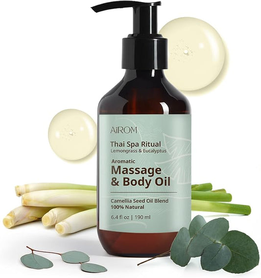 AiROM Lemongrass & Eucalyptus Massage Oil for Massage Therapy – Thai Spa Ritual - Scented Body Oil for Women – Hypoallergenic, Relaxing Aromatherapy, Non-Greasy, Nut-Free - 6.4 fl oz - Bloomnest