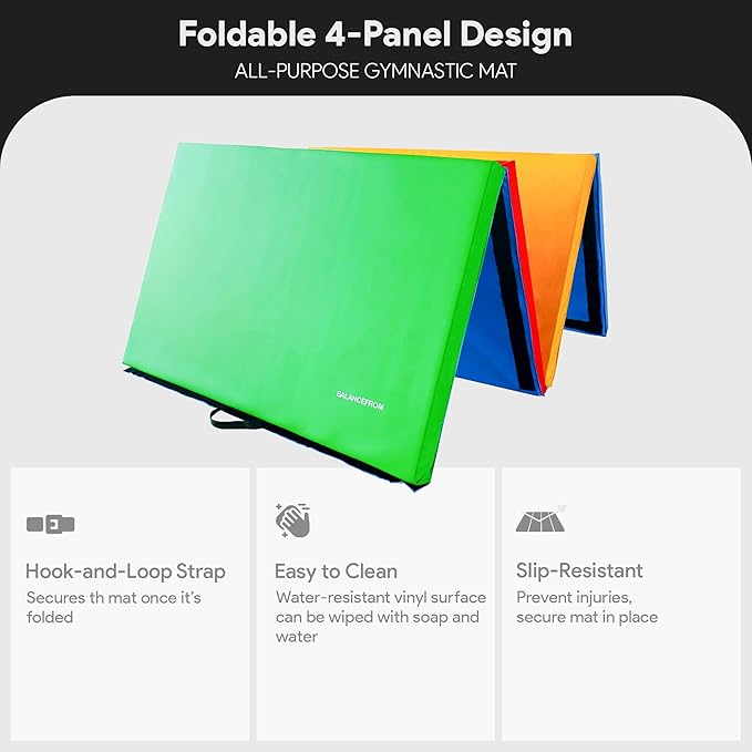 BalanceFrom 10x4 Feet 4-Panel Folding Gymnastics Mat – 2-Inch Thick Pad with Vinyl Surface and Carrying Handles for Tumbling, Yoga, Pilates, Home Workouts, and Martial Arts - Bloomnest