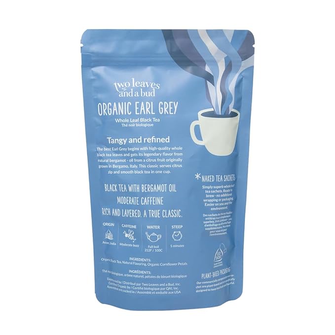 Two Leaves and a Bud Organic Earl Grey - 50 Naked Tea Sachets - Whole Leaf Black Tea in Eco-Friendly Unwrapped Compostable Sachets, Resealable Bag, 50 Count (Pack of 1) - Bloomnest