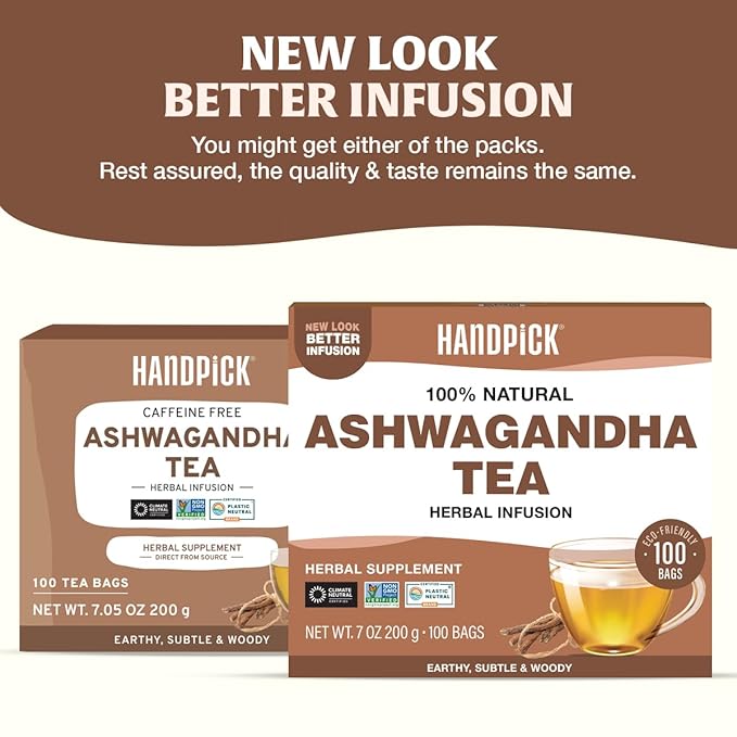 HANDPICK, Ashwagandha Root Tea (100 tea Bags) - Herbal Supplement - For Health & Wellbeing | Caffeine Free, Gluten Free | Packed in Ecofriendly Tea Bags - Bloomnest