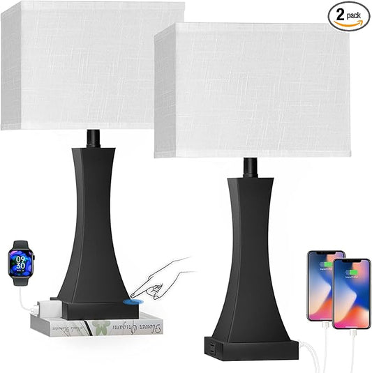 Set of 2 Touch Control Table Lamps 21.6" 3-Way Dimmable Bedside Nightstand Lamp with Type C/USB Charging Port & Outlet Desk Lamp for Living Room Bedroom Office and Hotel Bulb Included - Bloomnest