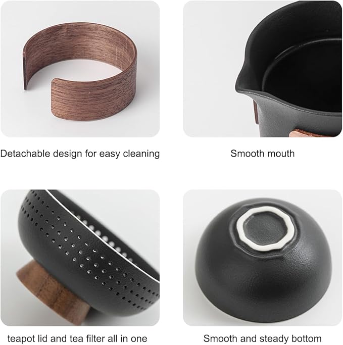 Mini Travel Ceramic Tea Pot Set Chinese Kung Fu Teapot, 1 Pot 3 Cups Porcelain Teacups with Tea Infuser Portable Bag for Home Office Outdoor Picnic Black