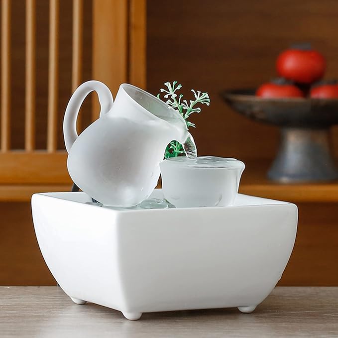 Tabletop Fountain, Indoor Desktop Waterfall, White Ceramic Decoration, Relaxing Soothing Water Flow, with 4 Color LED Lights, Suitable for Office Bedroom Decor,Quiet Dound of Water - Bloomnest
