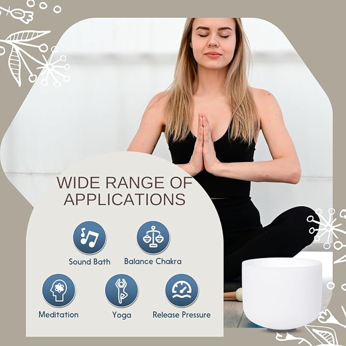 8 inch White F Note Heart Chakra Quartz Crystal Singing Bowl, for Healing Mindfulness Meditation Yoga Sound Baths, with Rubber Mallet O-ring