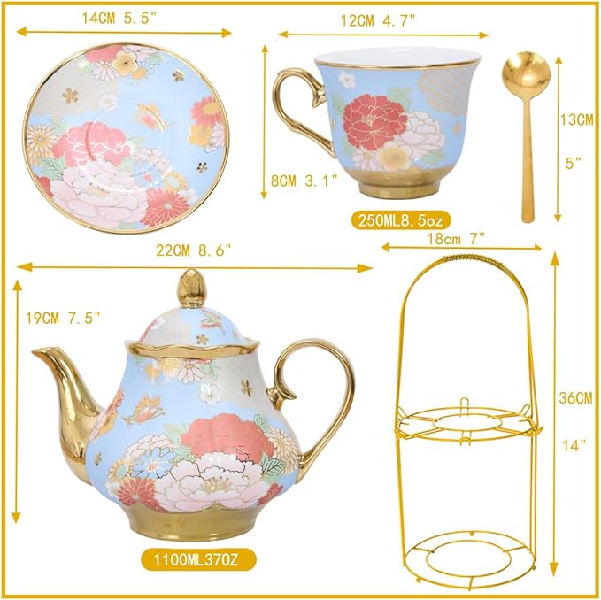 CHANJOON Gold Plated Red Rose Ceramic Tea Set, Vintage Tea Sets with Teapot, Beautiful Tea Set Coffee Serving 6 People (Green, X Large) - Bloomnest