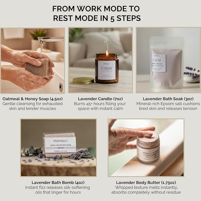 Relaxing Bath Gifts for Mom | Wind-Down Ritual with Lavender Candle, Bath Bomb, Soak, Body Butter, Oatmeal Soap Bar - Mom Birthday Gifts for Women, Self Care Package, Mother's Day Gifts - Bloomnest