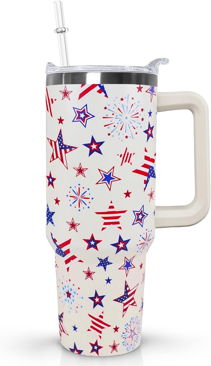 Ceovfoi 40 Oz 4th of July Tumbler With Handle and Straw,Patriotic Coffee Travel Mug Cup Water Bottle,American Flag Decor,Patriotic Military Gifts For Veterans, Police