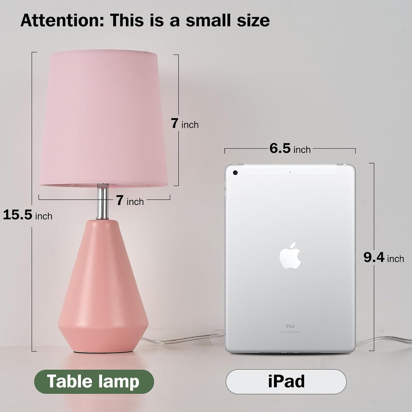 Small Bedside Table Lamp for Bedroom - Reading Desk Lamp with 3 Color Temperatures，15.5" Nightstand Ceramic Lamp with Fabric Shade for Kids Room,Living Room,Dorm,Home Office (Pink)