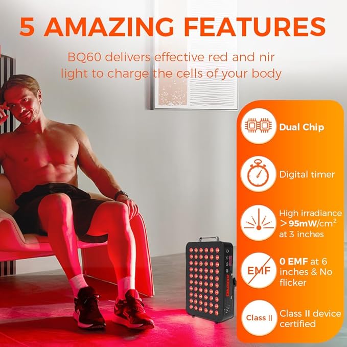 BestQool Red Light Therapy, Dual Chip Elite Grade LED Red Infrared Light Device with Near-Infrared Light 660nm 850nm High Power Red Light Therapy Panel at Home, Ideal for Body, Face, 105W (Black 60)